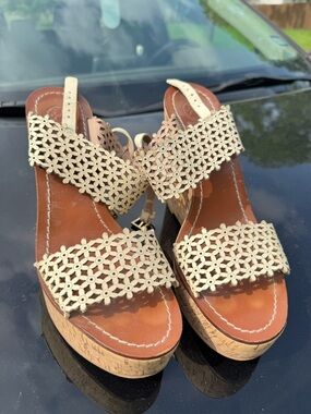 Tory Burch Cream Laser-Cut Floral Cork Wedge Sandals